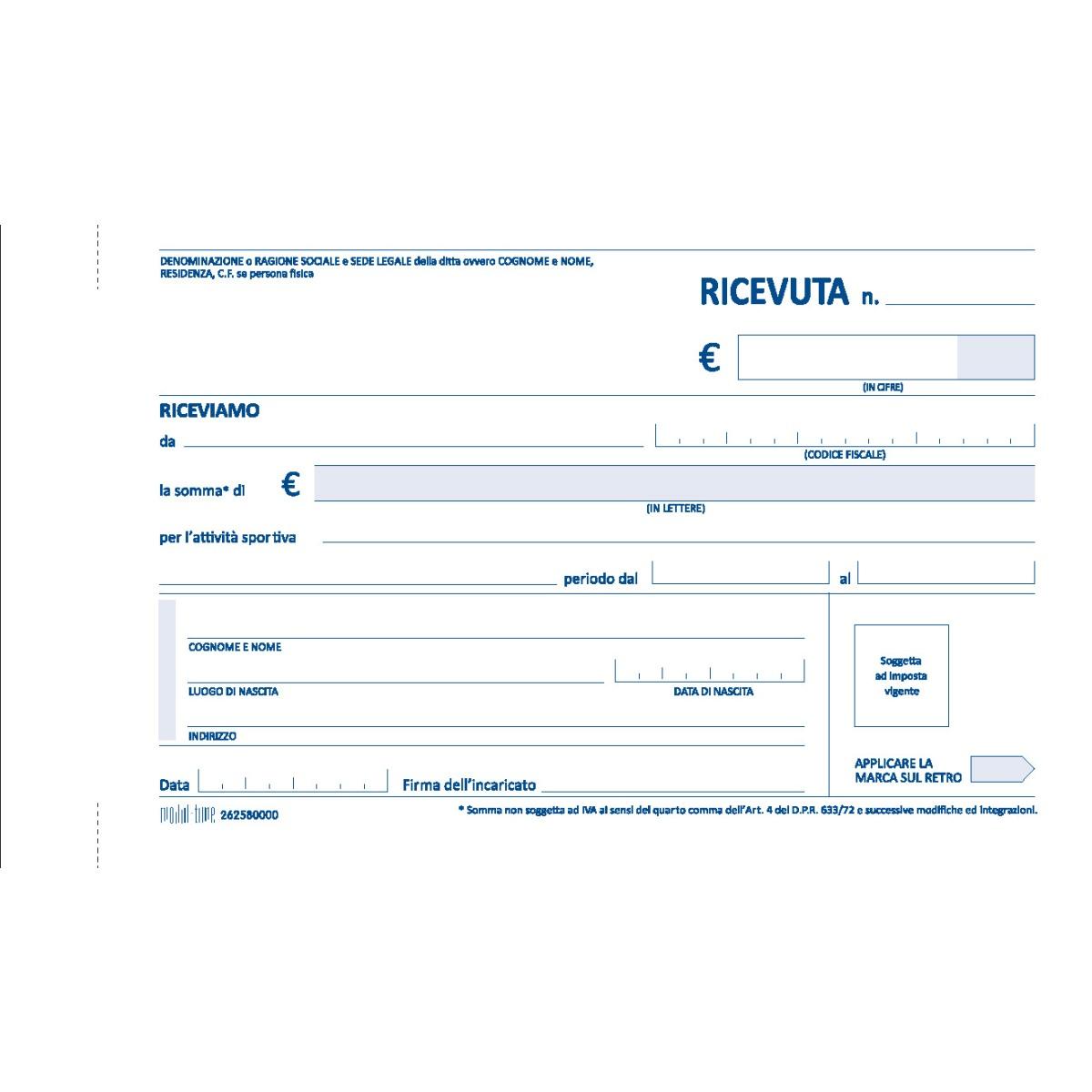 Ricevuta di pagamento per attivita' sportie 50x2 cop