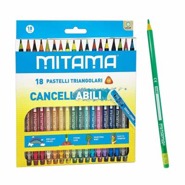 Pastelli cancellabili triang. mina 2,8 c/gomma 18pz mitama