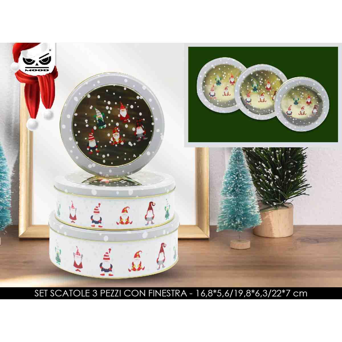 Set 3 scatole tonde in latta con fronte trasparente