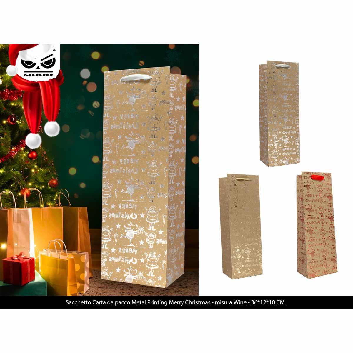 Sacchetto carta da pacco metal merry christmas wine