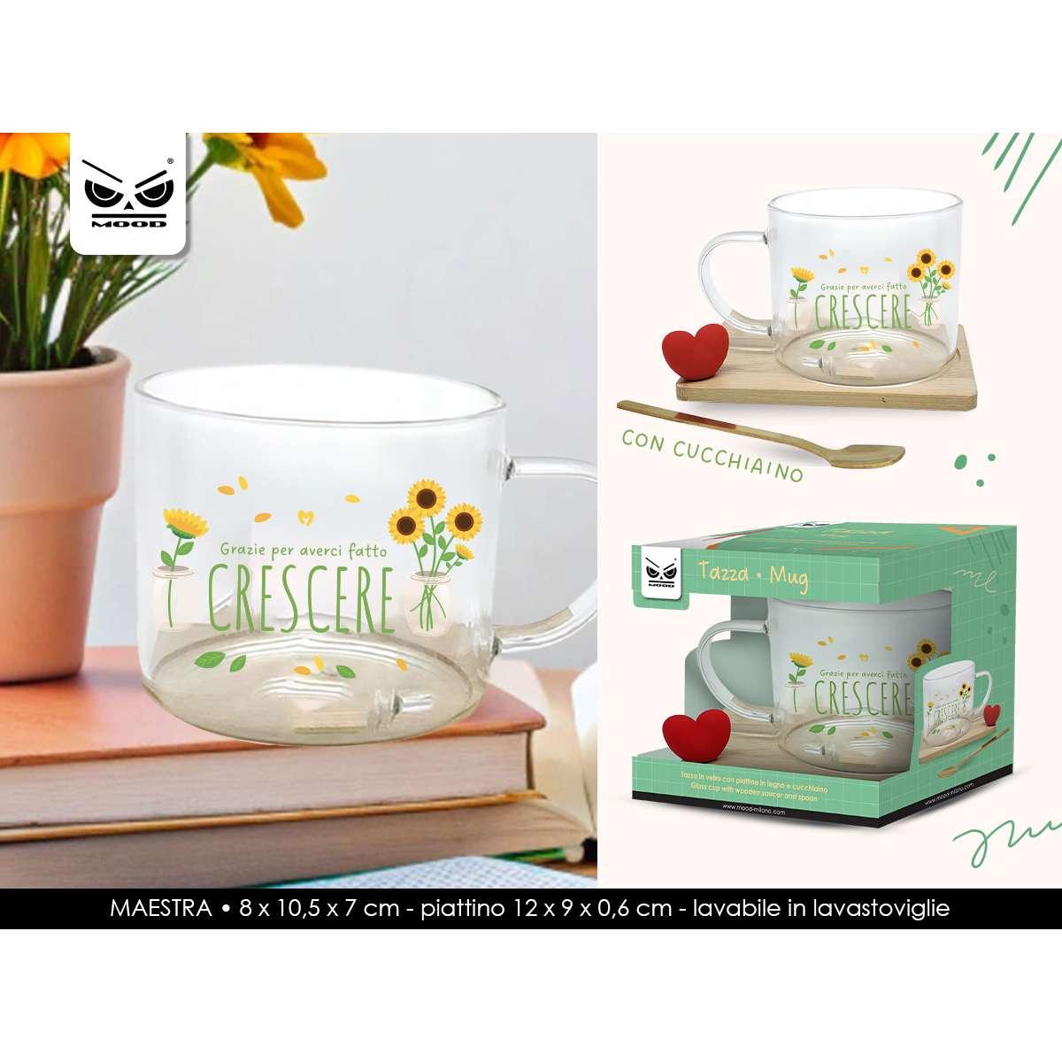 Tazza in vetro con piattino e cucchiaino grazie per averci fatto crescere