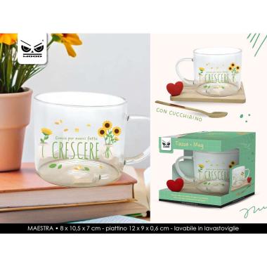 Tazza in vetro con piattino e cucchiaino grazie per averci fatto crescere