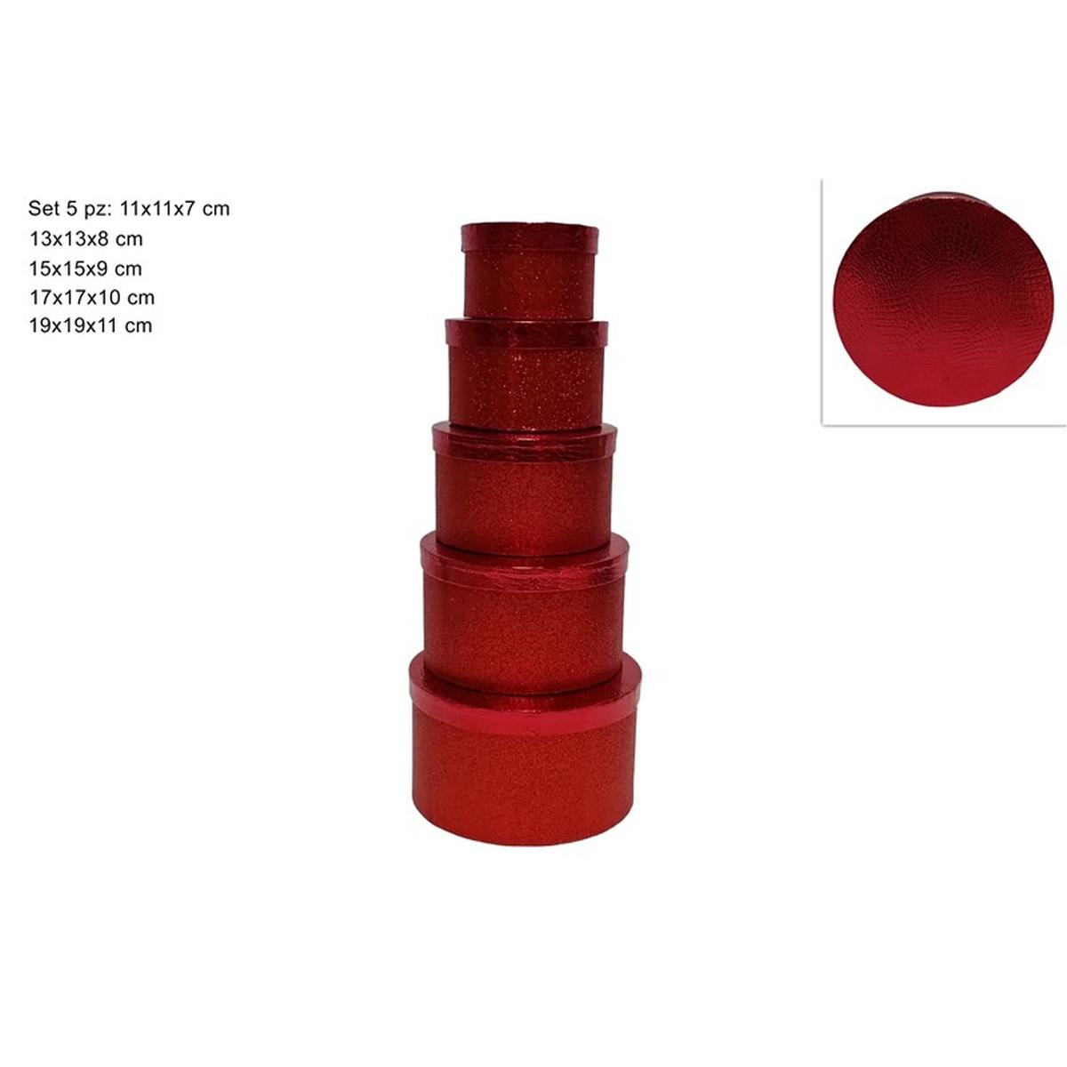 Scatole tonde set 5 pezzi effetto glitter rosso