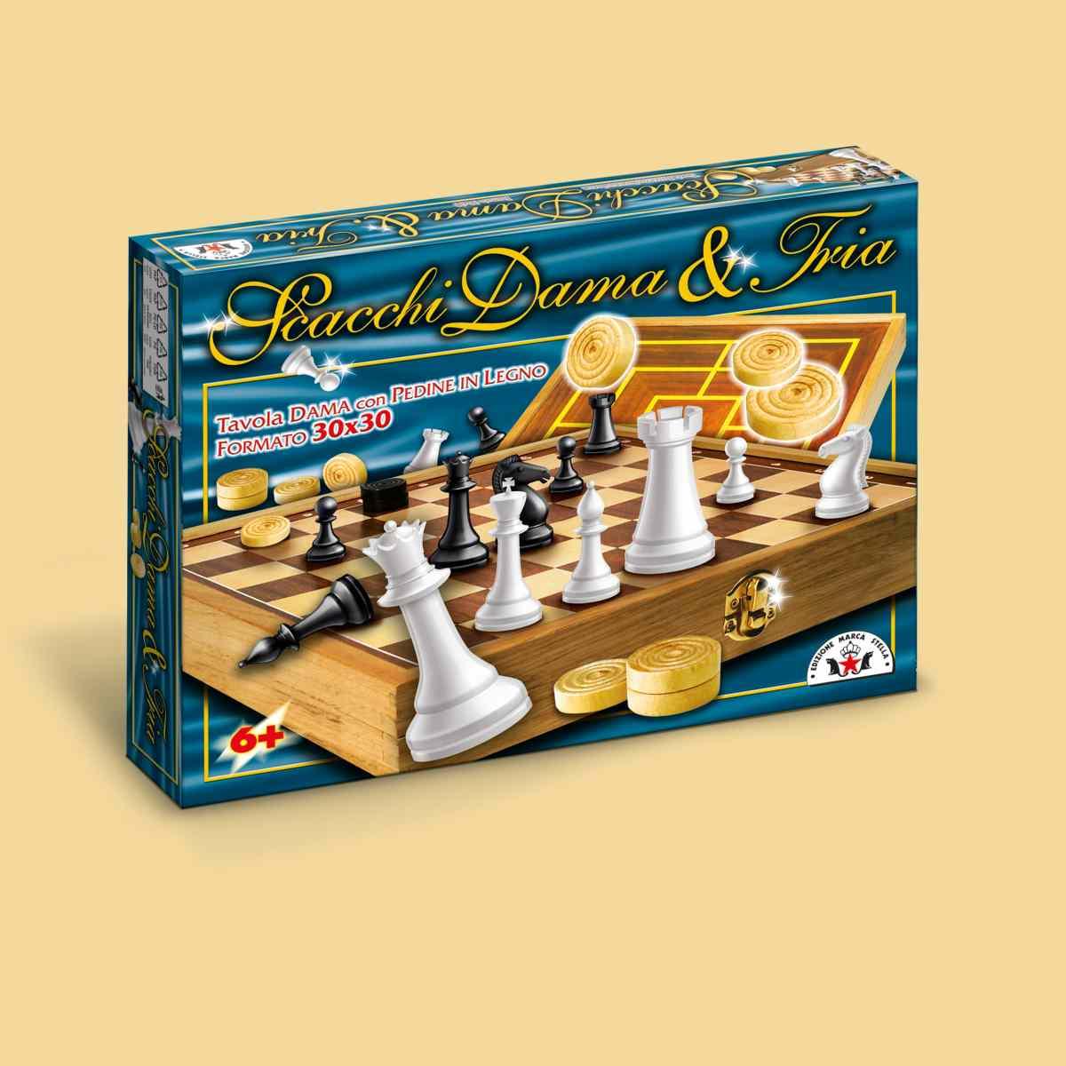 Scacchi dama tria 30x30 legno c/scacchi in plastica