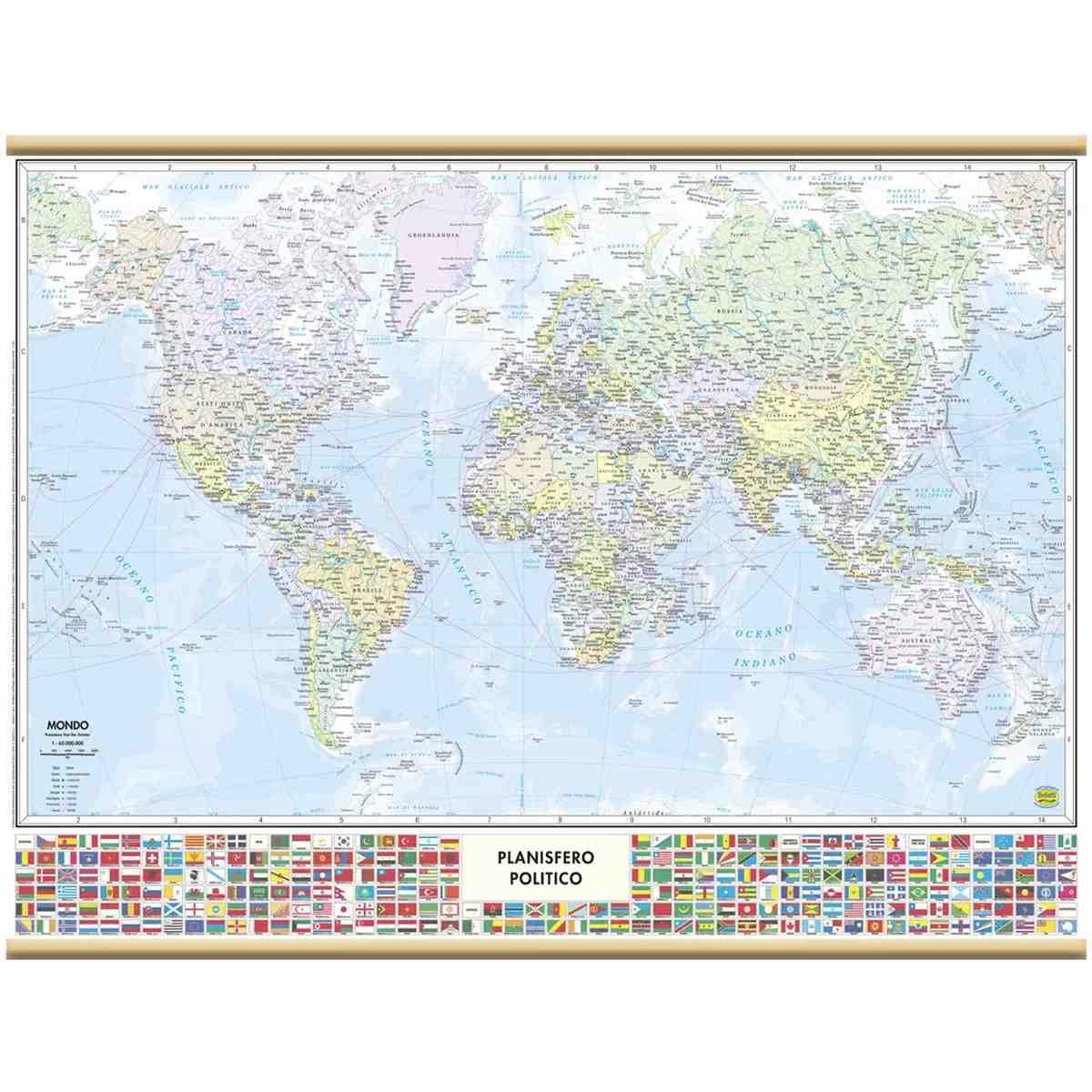 Cartina murale mondo con bandiere plast 132x99