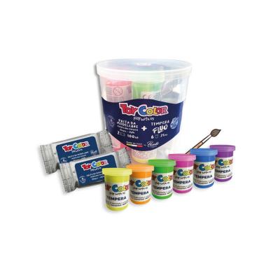 Barattolo con 2 pasta da modellare + 6 tempera fluo + pennello
