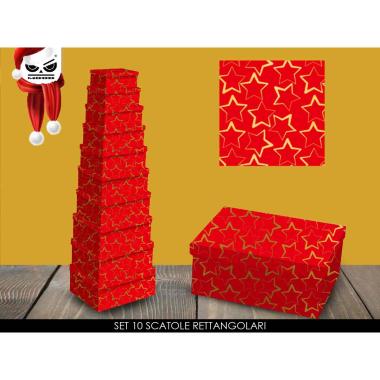 Set 10 scatole rettangolari rossa c/stelle oro